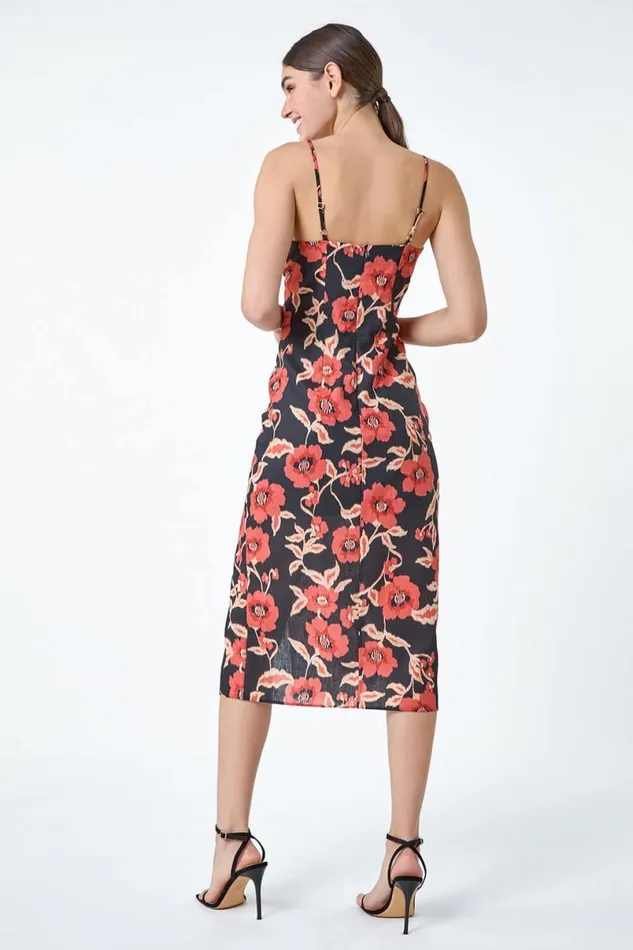 Black Floral Linen Look Ruched Midi Dress Women Roman Dresses
