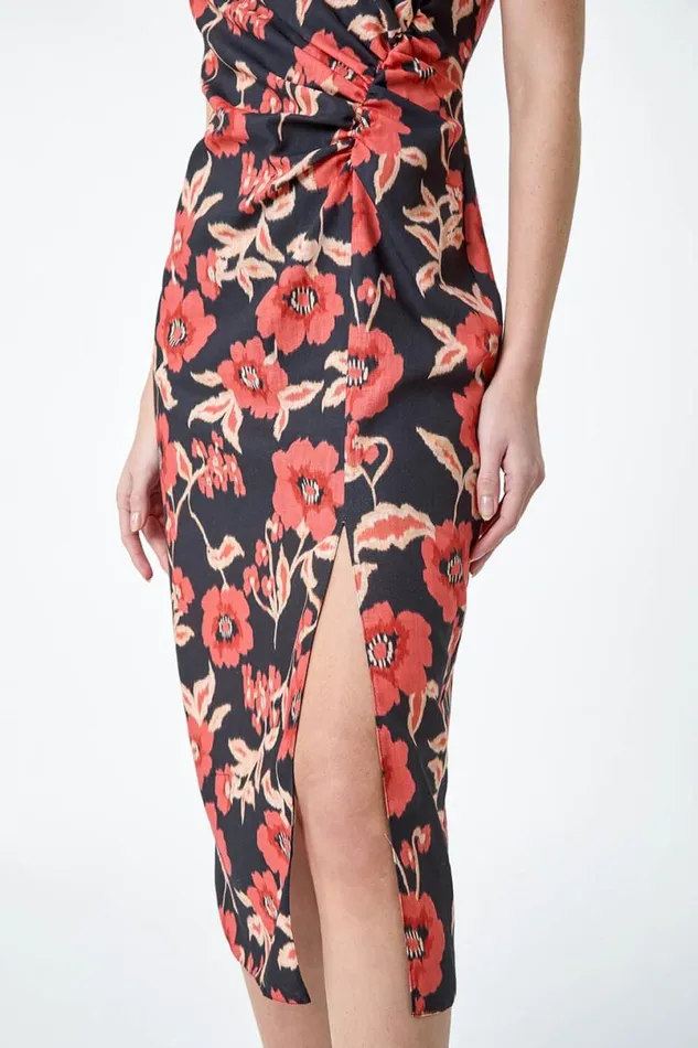 Black Floral Linen Look Ruched Midi Dress Women Roman Dresses
