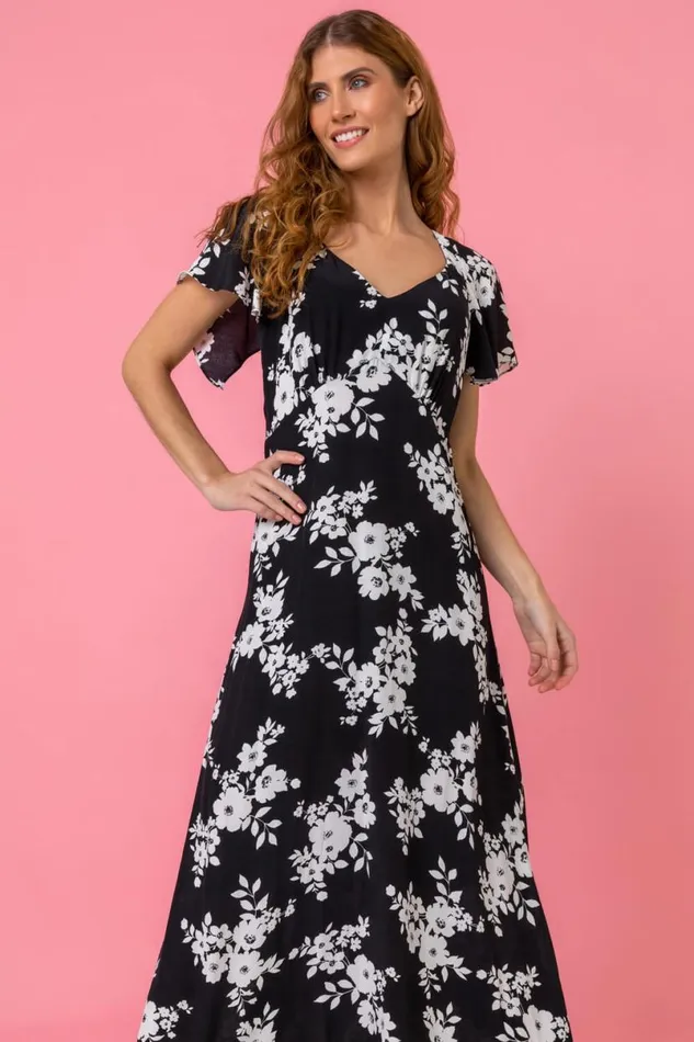 Black Floral Print Back Detail Maxi Dress Women Roman Dresses