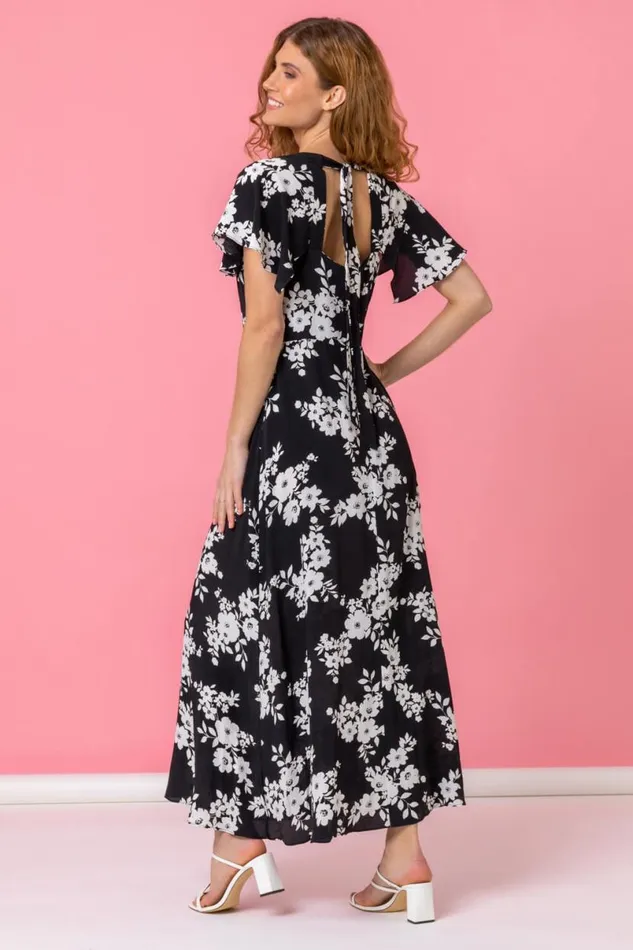 Black Floral Print Back Detail Maxi Dress Women Roman Dresses