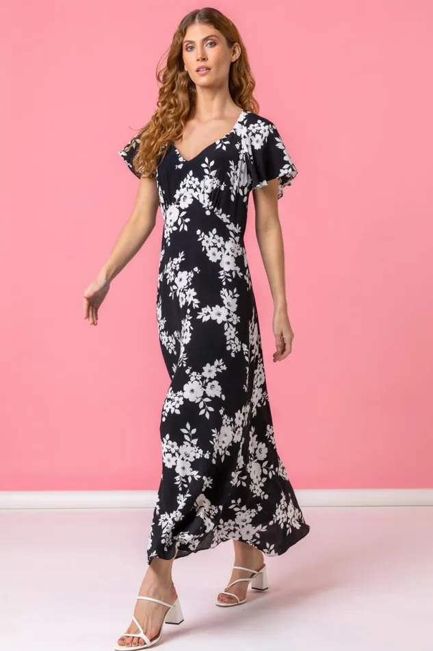 Black Floral Print Back Detail Maxi Dress Women Roman Dresses