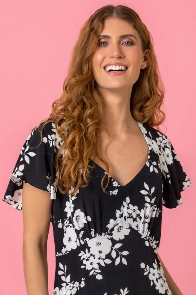 Black Floral Print Back Detail Maxi Dress Women Roman Dresses