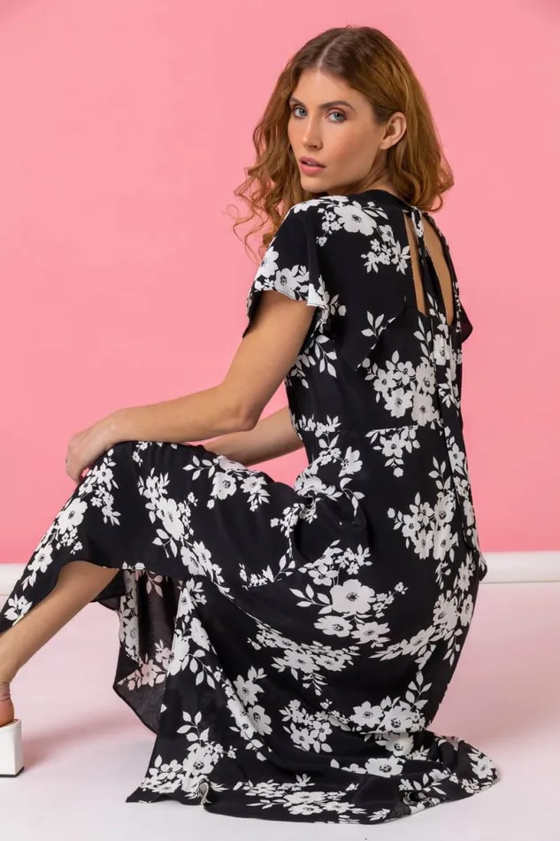 Black Floral Print Back Detail Maxi Dress Women Roman Dresses