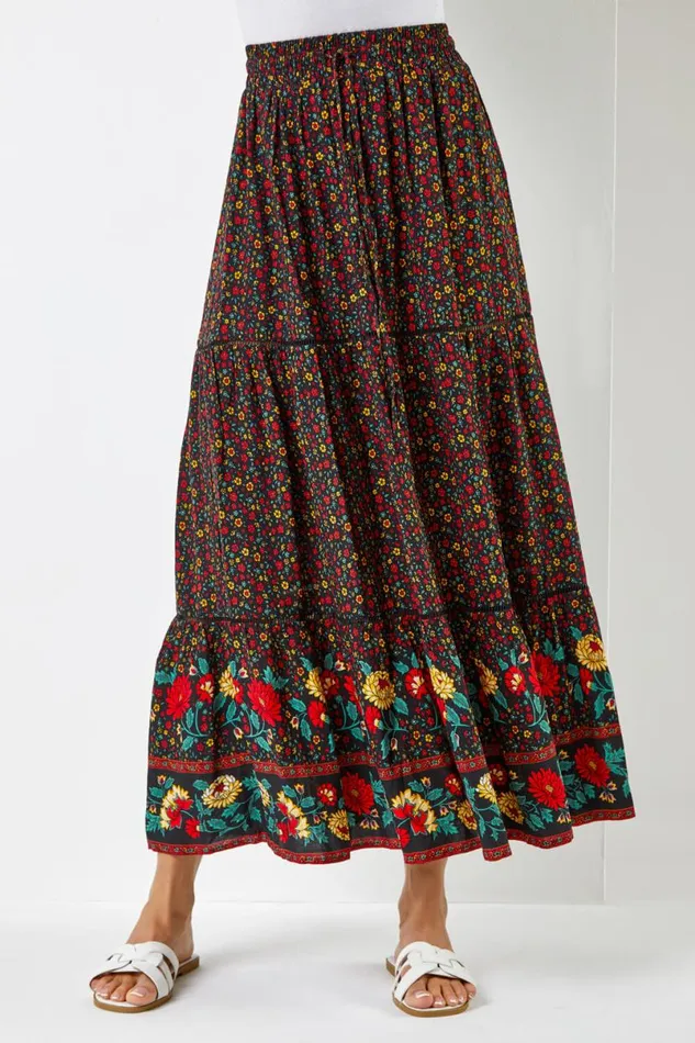 Black Floral Print Elastic Waist Tiered Maxi Skirt Women Roman Skirts