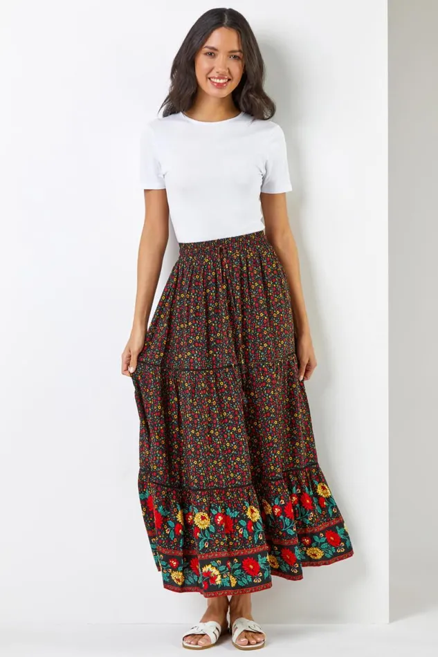 Black Floral Print Elastic Waist Tiered Maxi Skirt Women Roman Skirts