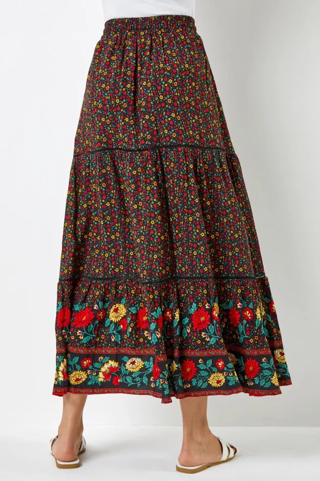 Black Floral Print Elastic Waist Tiered Maxi Skirt Women Roman Skirts