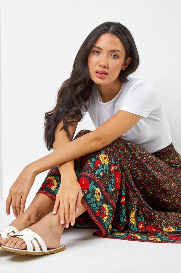 Black Floral Print Elastic Waist Tiered Maxi Skirt Women Roman Skirts