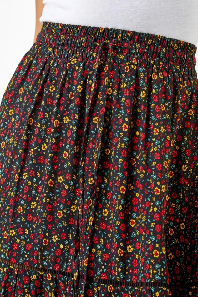 Black Floral Print Elastic Waist Tiered Maxi Skirt Women Roman Skirts