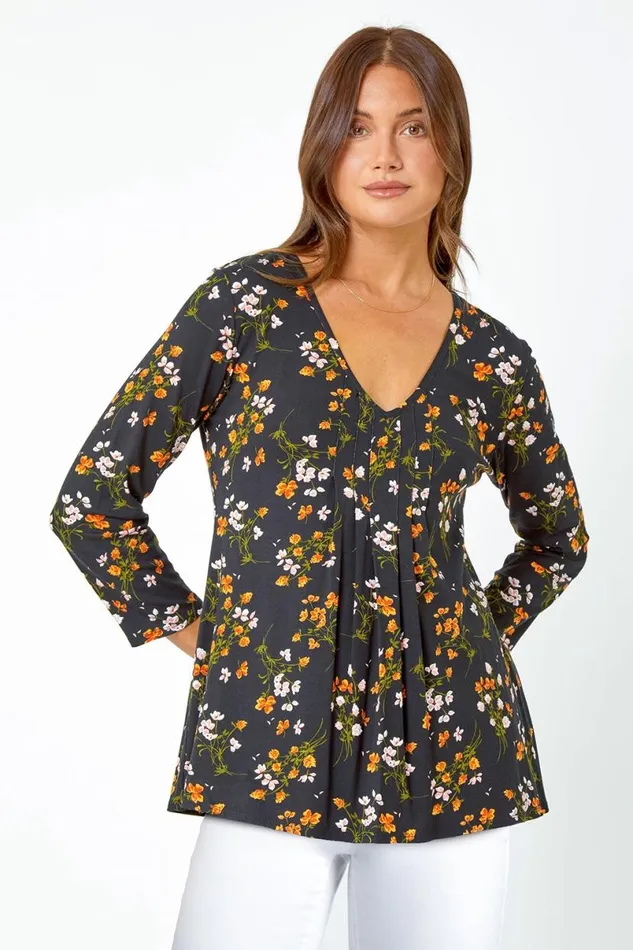Black Floral Print VNeck Tunic Swing Stretch Top Women Roman Tops