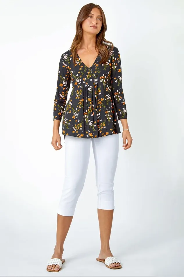 Black Floral Print VNeck Tunic Swing Stretch Top Women Roman Tops