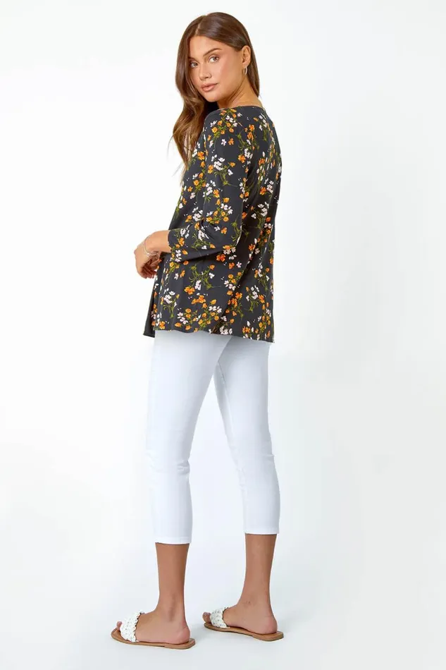 Black Floral Print VNeck Tunic Swing Stretch Top Women Roman Tops