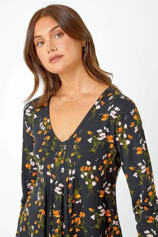 Black Floral Print VNeck Tunic Swing Stretch Top Women Roman Tops