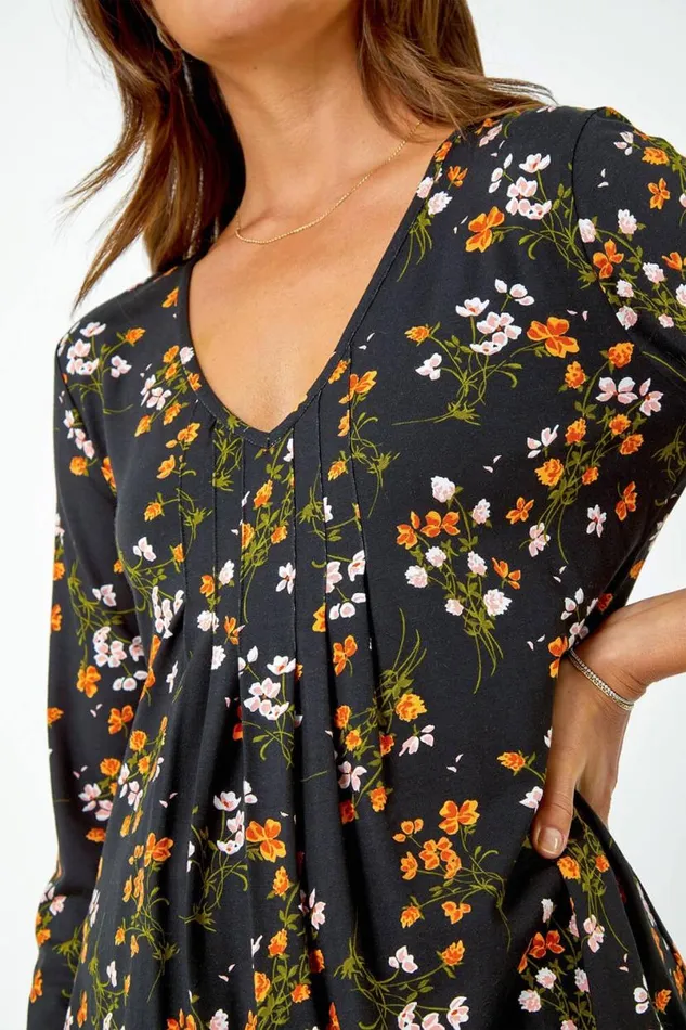 Black Floral Print VNeck Tunic Swing Stretch Top Women Roman Tops
