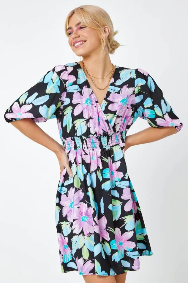 Black Floral Print Wrap Mini Dress Women Roman Dresses
