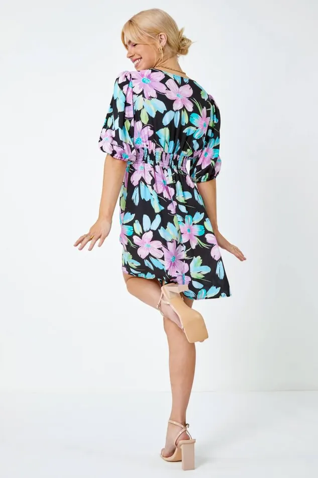Black Floral Print Wrap Mini Dress Women Roman Dresses