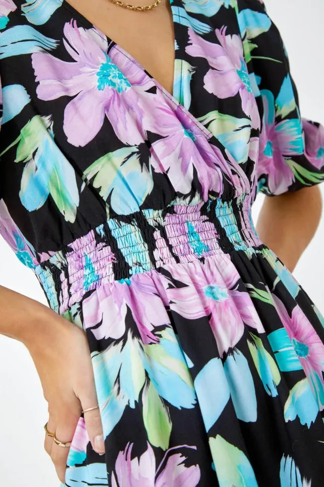 Black Floral Print Wrap Mini Dress Women Roman Dresses