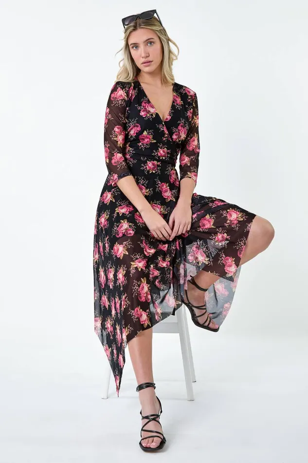 Black Floral Stretch Mesh Hanky Hem Wrap Dress Women Roman Dresses