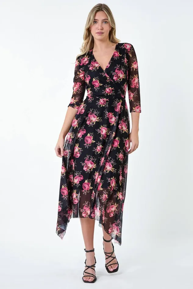 Black Floral Stretch Mesh Hanky Hem Wrap Dress Women Roman Dresses