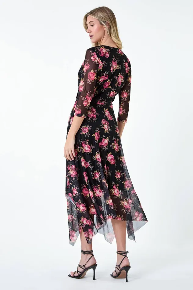 Black Floral Stretch Mesh Hanky Hem Wrap Dress Women Roman Dresses