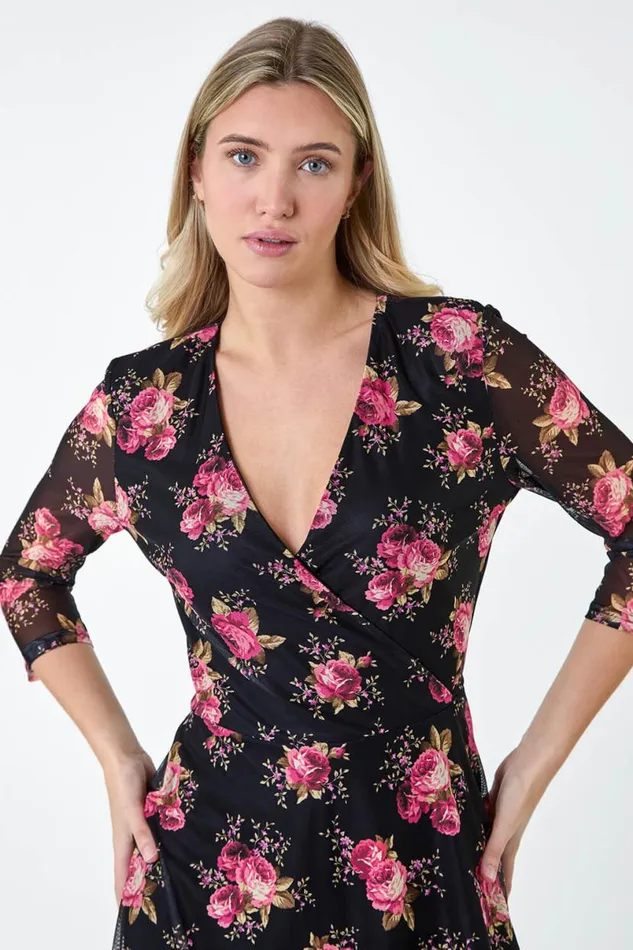 Black Floral Stretch Mesh Hanky Hem Wrap Dress Women Roman Dresses