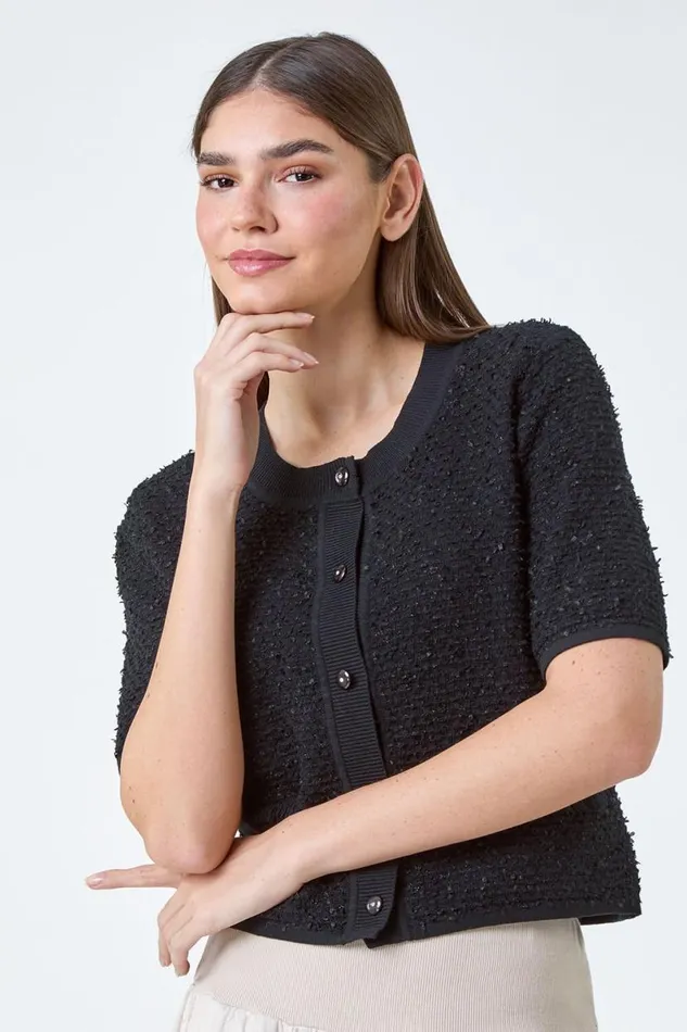 Black Fringe Detail Sparkle Button Cotton Cardigan Women Roman Knitwear