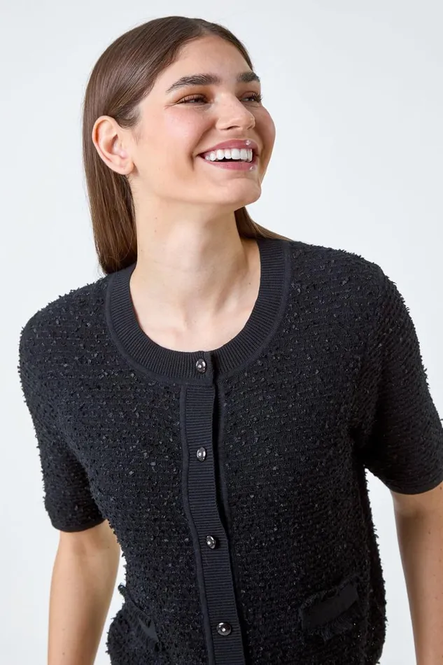 Black Fringe Detail Sparkle Button Cotton Cardigan Women Roman Knitwear