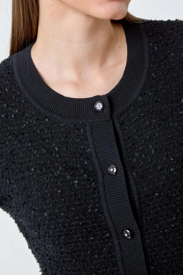 Black Fringe Detail Sparkle Button Cotton Cardigan Women Roman Knitwear