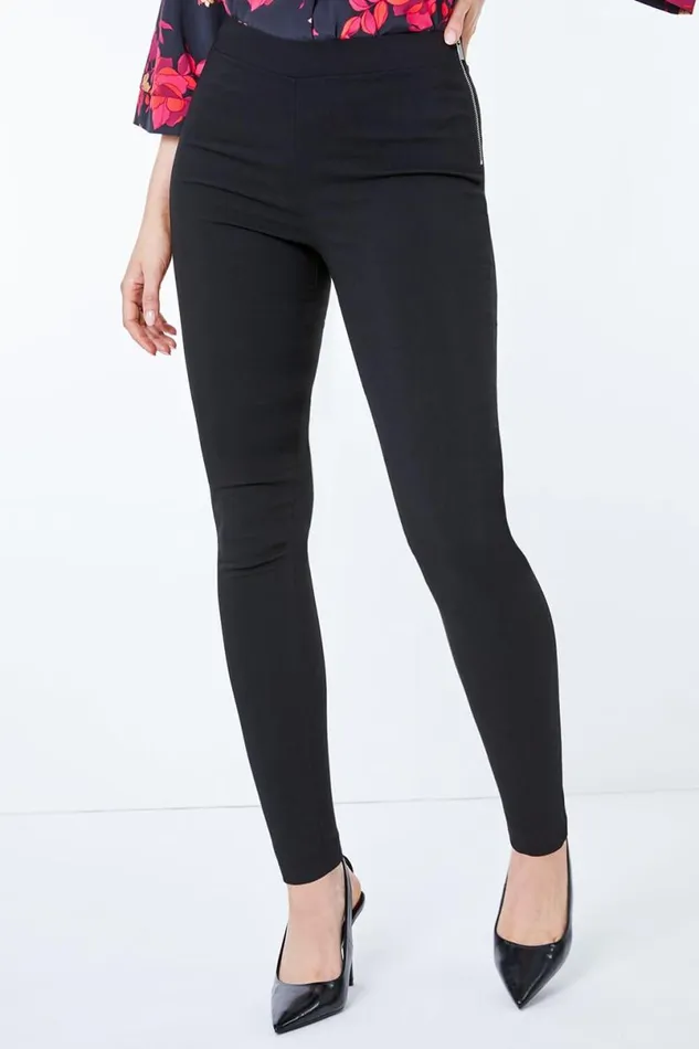 Black Full Length Side Zip Elastic Waist Trouser Women Roman Trousers