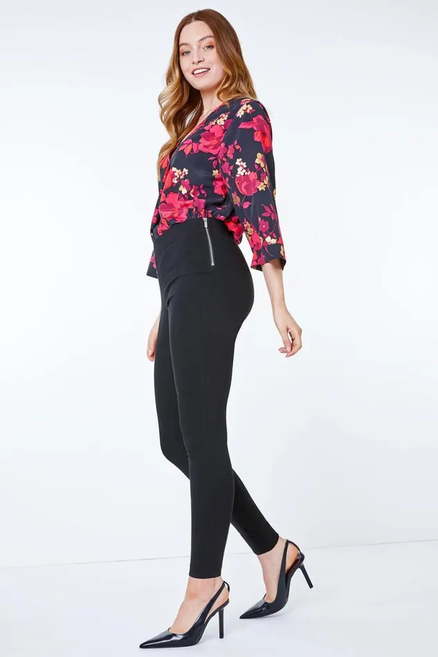 Black Full Length Side Zip Elastic Waist Trouser Women Roman Trousers