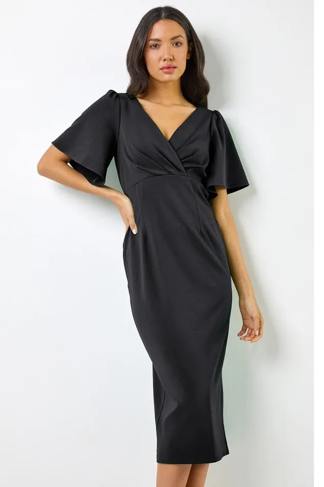 Black Gathered Wrap Front Midi Dress Women Roman Dresses