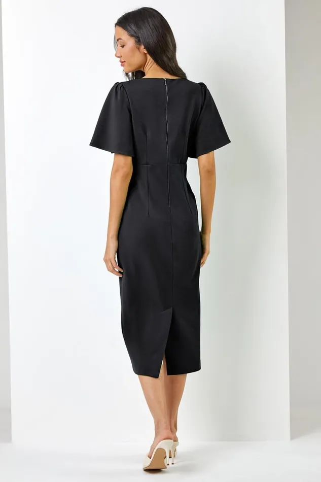 Black Gathered Wrap Front Midi Dress Women Roman Dresses