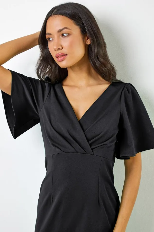 Black Gathered Wrap Front Midi Dress Women Roman Dresses