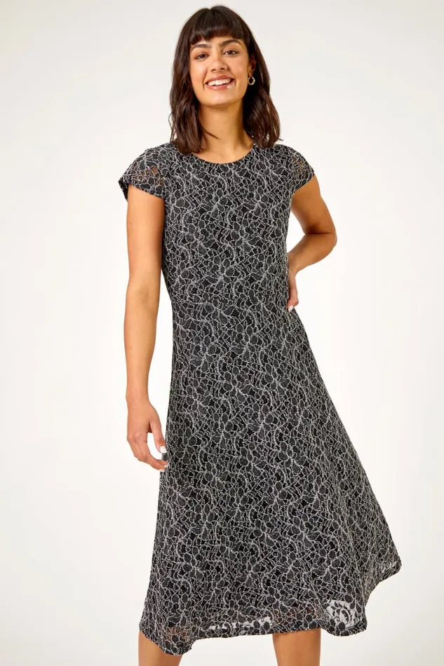 Black Glitter Stretch Lace Midi Dress Women Roman Dresses