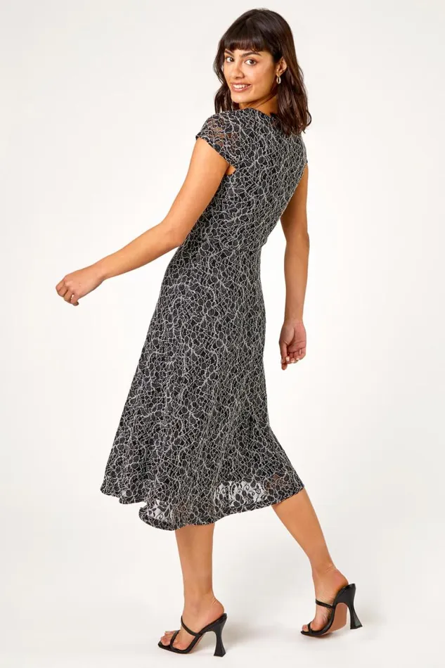 Black Glitter Stretch Lace Midi Dress Women Roman Dresses