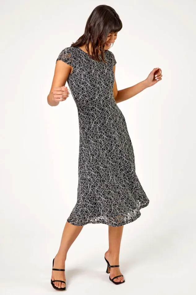 Black Glitter Stretch Lace Midi Dress Women Roman Dresses