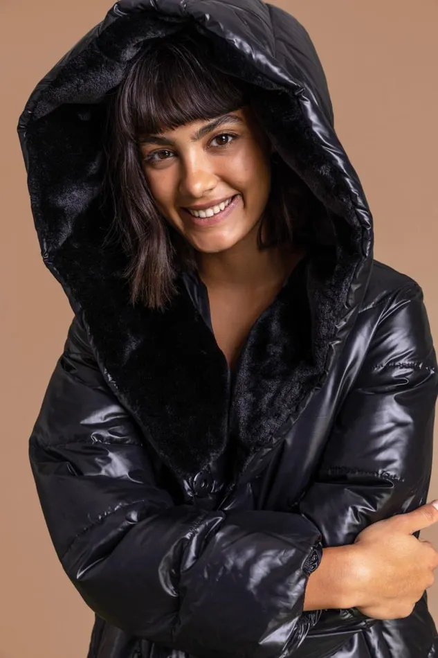 Black Hooded Long Quilted Coat Women Roman Coats