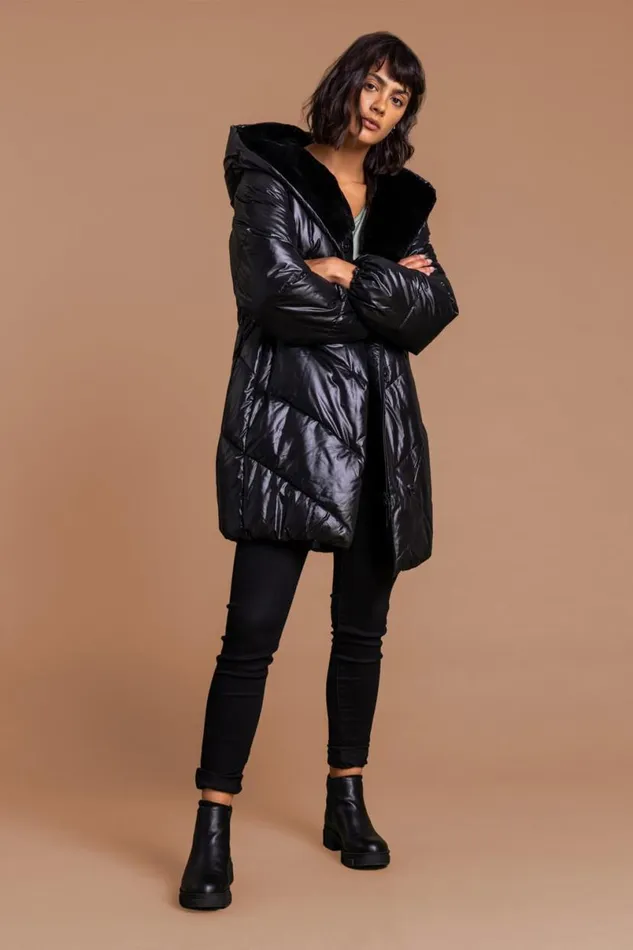 Black Hooded Long Quilted Coat Women Roman Coats