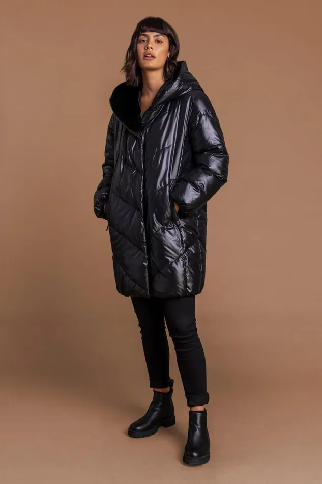 Black Hooded Long Quilted Coat Women Roman Coats