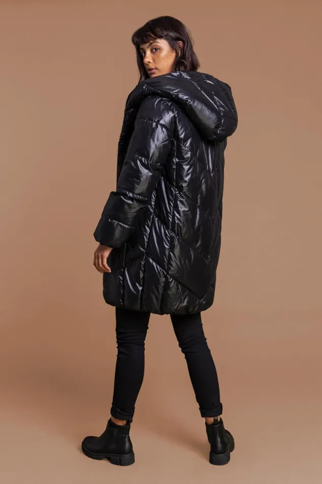 Black Hooded Long Quilted Coat Women Roman Coats