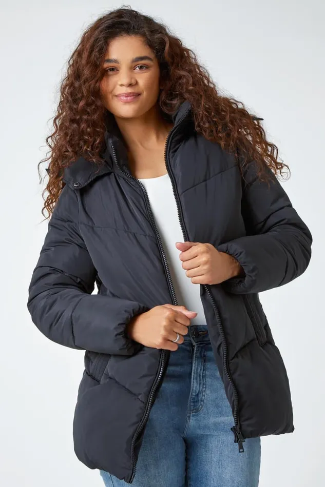 Black Hooded Padded Coat Women Roman Coats