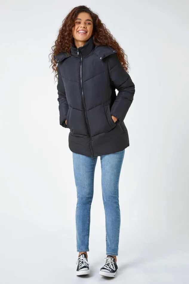 Black Hooded Padded Coat Women Roman Coats
