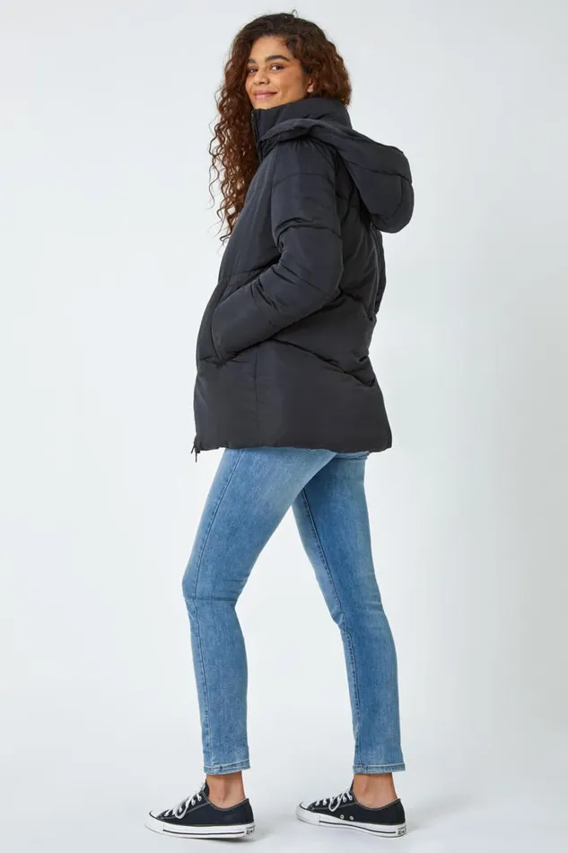 Black Hooded Padded Coat Women Roman Coats