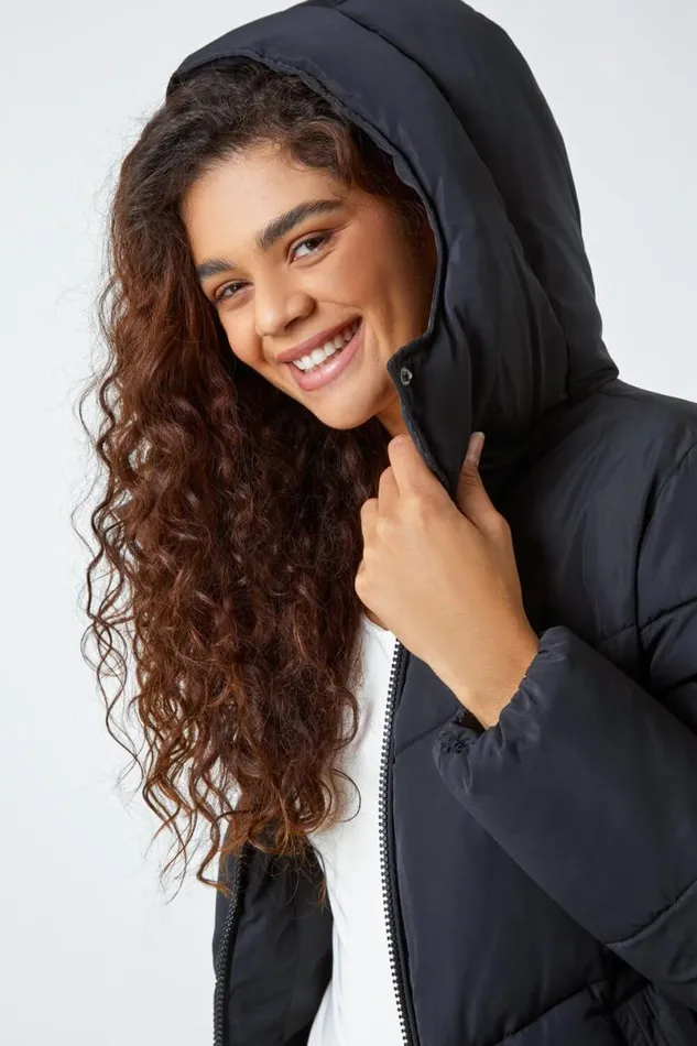 Black Hooded Padded Coat Women Roman Coats