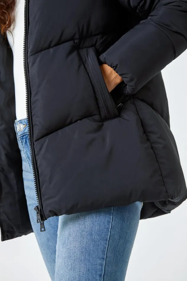 Black Hooded Padded Coat Women Roman Coats