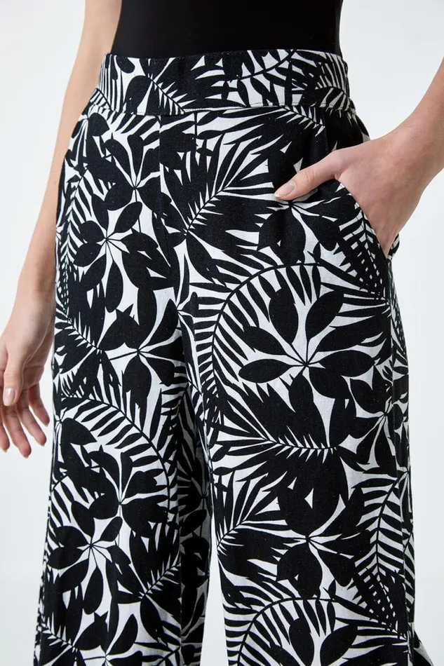 Black Leaf Linen Blend Wide Leg Trousers Women Roman Trousers