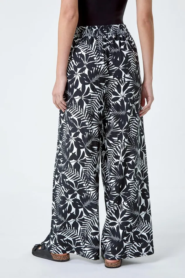 Black Leaf Linen Blend Wide Leg Trousers Women Roman Trousers