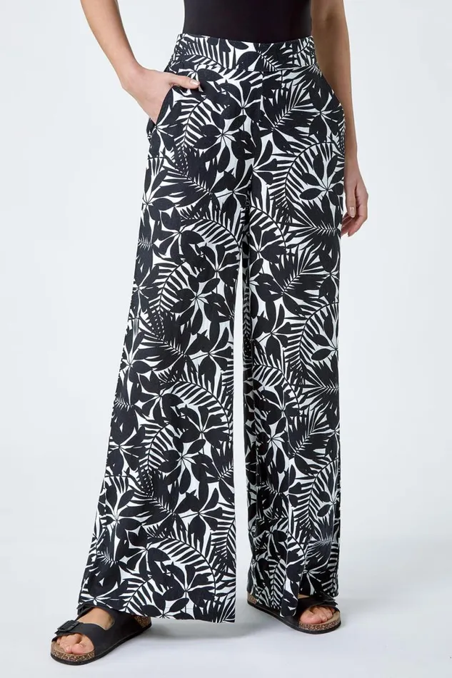 Black Leaf Linen Blend Wide Leg Trousers Women Roman Trousers