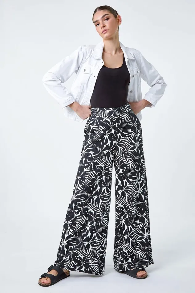 Black Leaf Linen Blend Wide Leg Trousers Women Roman Trousers