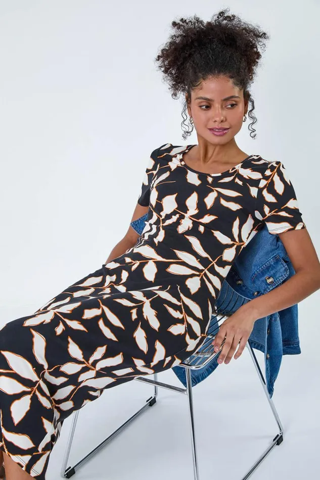 Black Leaf Print Midi Stretch Dress Women Roman Dresses