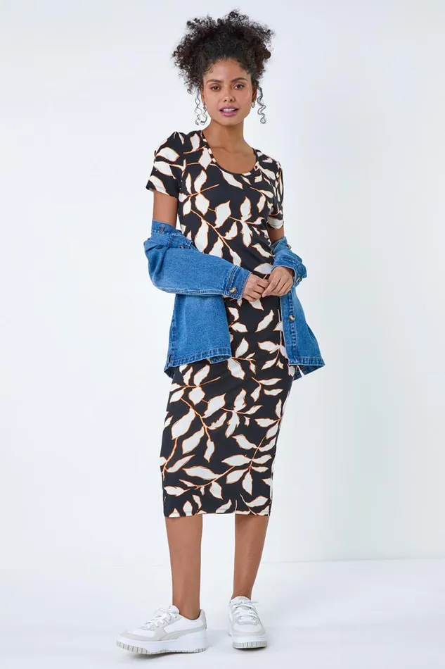 Black Leaf Print Midi Stretch Dress Women Roman Dresses